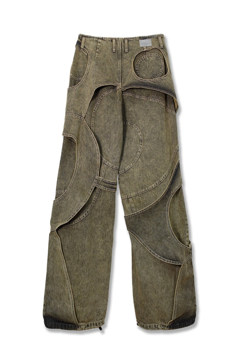 CIRCLE CUT-OUT DENIM PANTS -YELLOW-